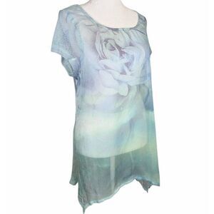 One World ombre blue & green floral sharkbite hem sheer crochet tunic top M